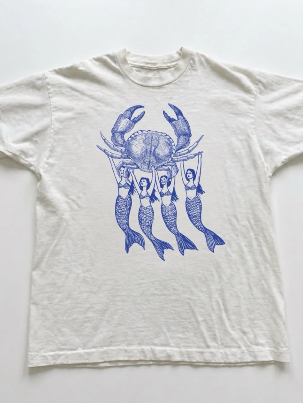 Gildan White Short-Sleeve Tee with Blue Crab & Mermaids Graphic